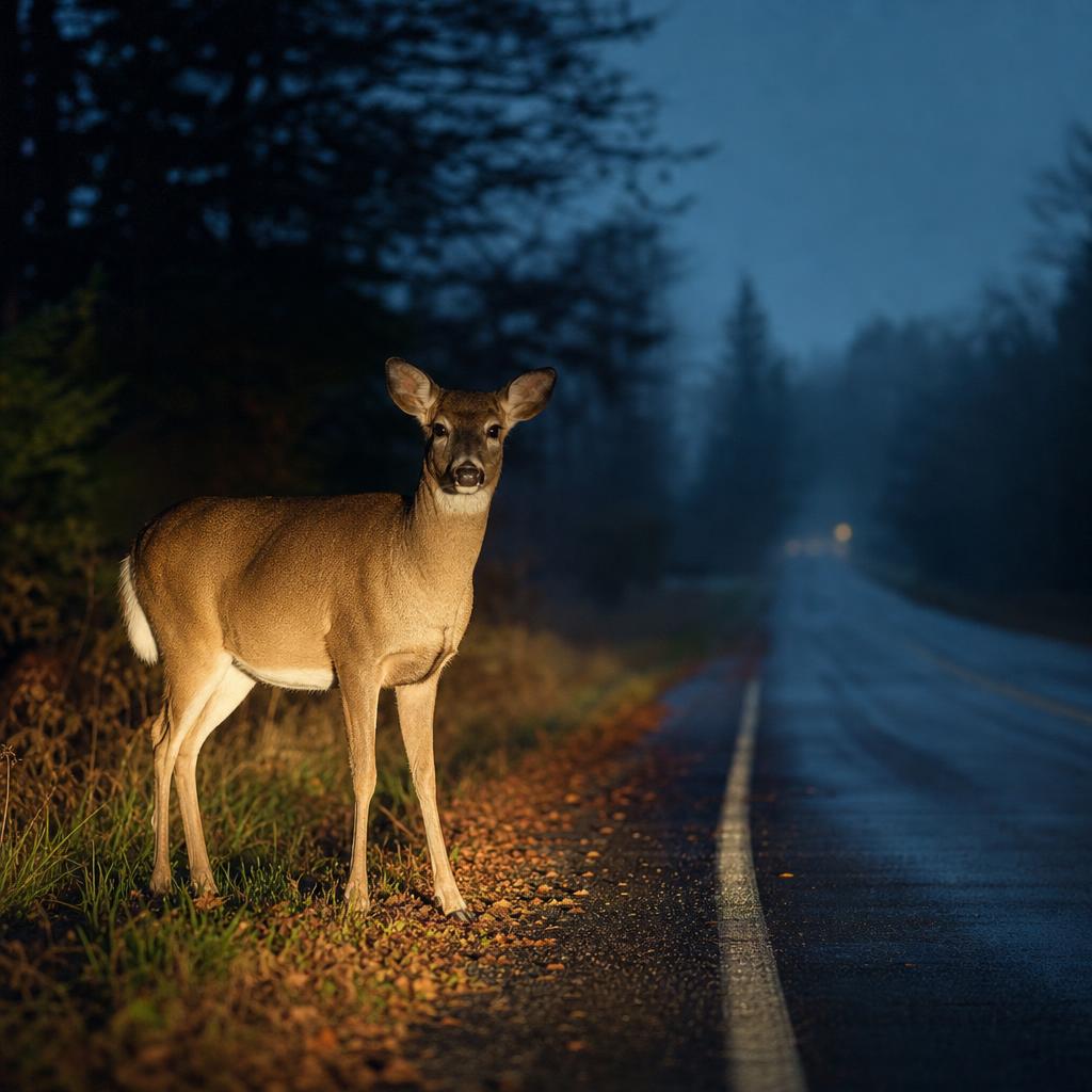 White-tailed deer standing on a Michigan road at dusk